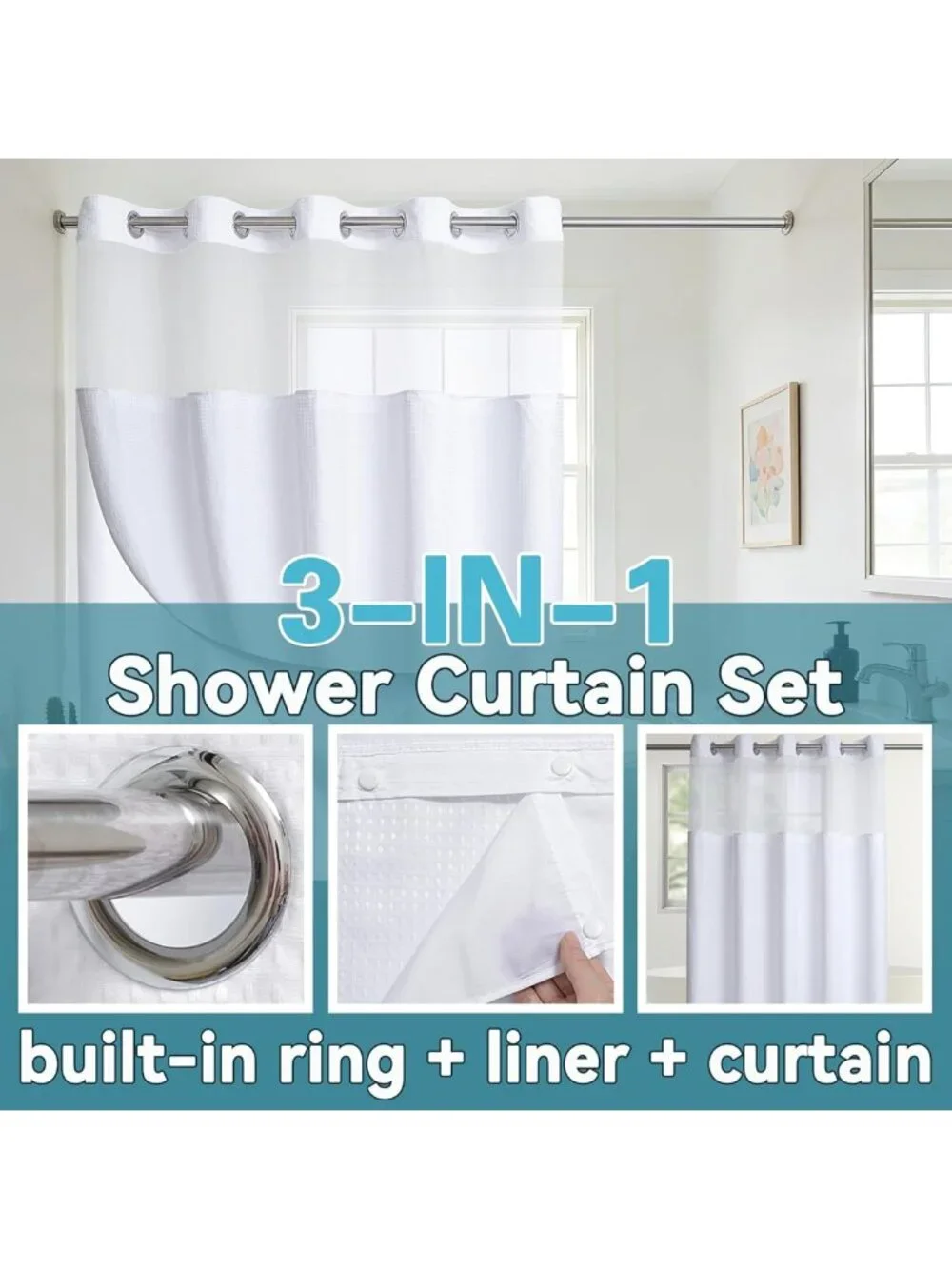 Extra Wide Waterproof Waffle Weave Shower Curtain Set with Snap-in Liner, 108x74